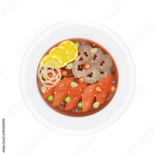 Vector Illustration logo Clip art Top View Yeoneojang Soy Marinated Raw Salmon with Shrimp