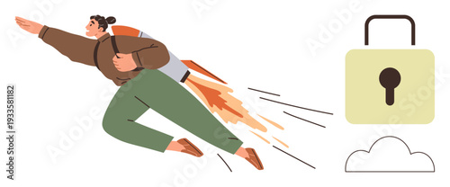 Innovation, security progress, goal achievement, personal growth, technology, digital safety. Person flying with a jetpack toward a padlock symbol. Innovation and security progress concepts