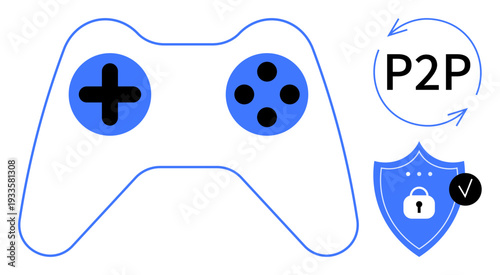 Online gaming security. Game controller, P2P concept, and cybersecurity shield symbol safe peer-to-peer gaming. Online gaming, data protection, and privacy. Ideal for esports, secure apps digital