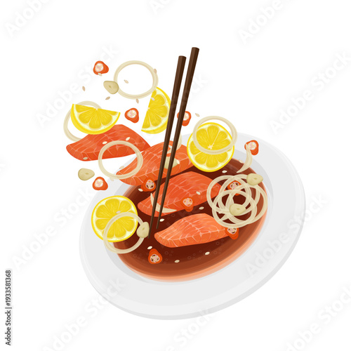 Vector Illustration logo Clip art Levitation Fresh Korean Food Yeoneojang Marinated Salmon Sashimi 
