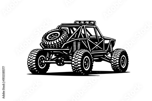Rear three-quarter view of an extreme rock crawler showing spare tire mount