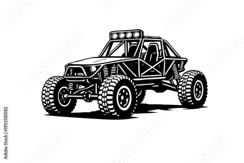 Solid black and white vector illustration of a rock buggy style crawler