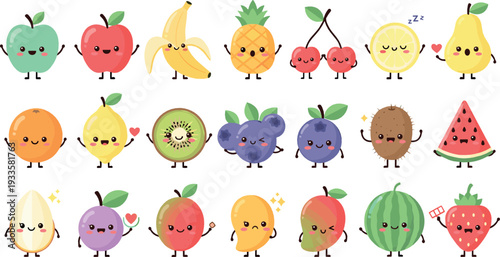 Cute fruit characters set with funny expressions, smiling healthy food mascots, playful cartoon fruits collection, colorful flat vector illustration for kids designs