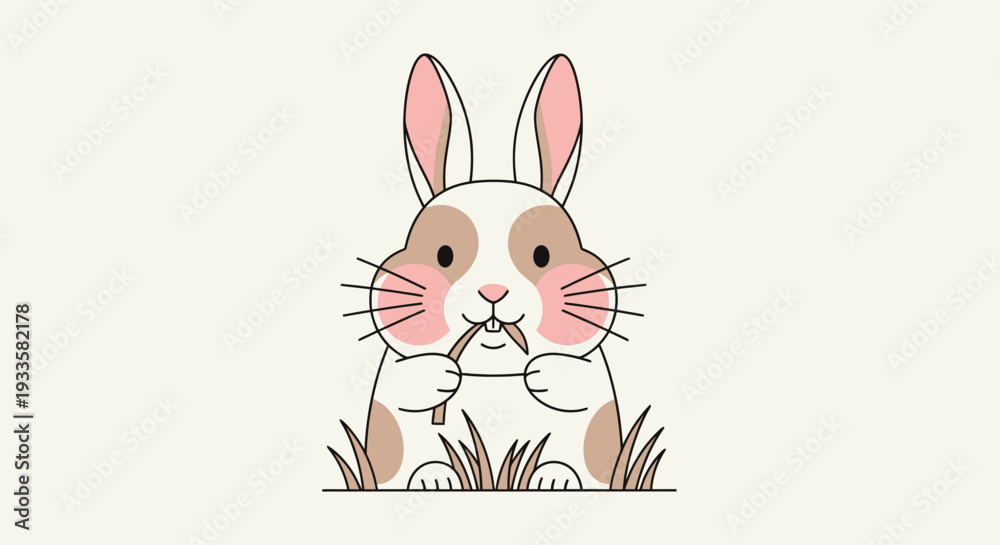 Obraz premium Adorable cartoon bunny rabbit with pink cheeks eating a twig in the grass whimsical illustration pastel colors perfect for children's designs and springtime themes