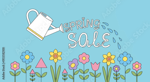 Whimsical spring sale illustration with watering can and colorful flowers against a light blue background perfect for seasonal promotion and advertising design