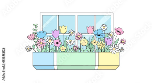 Window box bursting with vibrant pastel flowers daisies tulips and poppies in a cheerful display of spring colors in a cartoon style