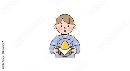 Young boy holding golden egg in basket illustration; cartoon drawing of kid carrying magic valuable with sparkling lights in hands