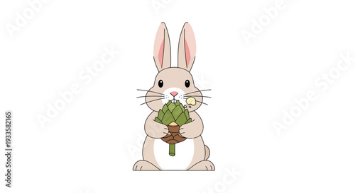 Adorable beige bunny rabbit eating a green artichoke holding vegetable in paws cute cartoon style isolated on white background
