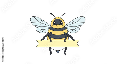Adorable cartoon bee holding a blank yellow banner sign with striped body and cute face; vector illustration isolated on white