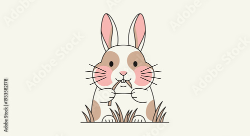 Adorable cartoon bunny rabbit with pink cheeks eating a twig in the grass whimsical illustration pastel colors perfect for children's designs and springtime themes