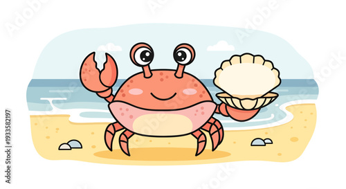 Adorable cartoon crab holding seashell on beach with waves bright colors minimalist design children's illustration for summer fun and creativity