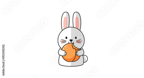 Adorable white bunny eating orange fruit vector illustration; cute rabbit character design; cartoon animal graphics for children; Easter design element