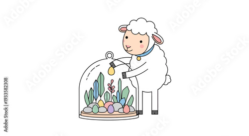 Adorable sheep tending a terrarium with easter eggs and plants a charming vector illustration in pastel colors perfect for spring designs