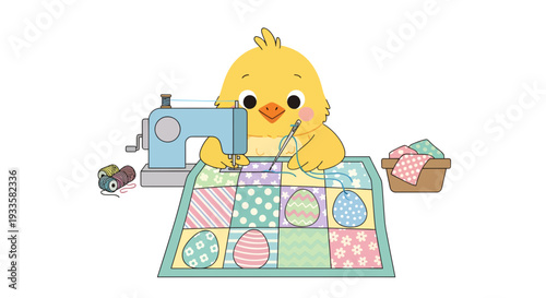 Adorable yellow chick sewing a vibrant patchwork quilt with Easter egg designs using a vintage blue sewing machine creating a cheerful crafting scene