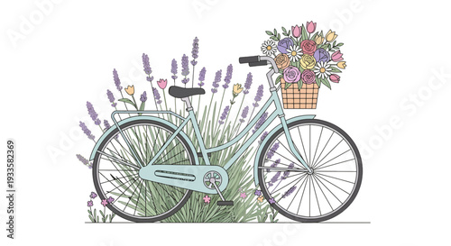 Bicycle with a basket full of flowers in a lavender field illustration in pastel colors for spring designs and romantic themes