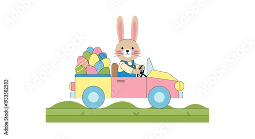 Bunny driving a pink car filled with Easter eggs illustration in pastel colors; whimsical vector art for spring holidays cheerful celebration
