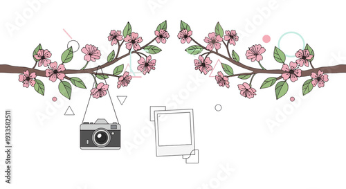 Branch with pink cherry blossoms retro camera and photo frame illustration against white background cute botanical design concept