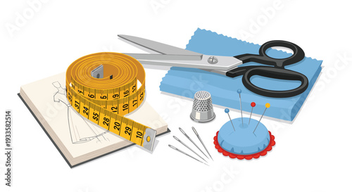 A detailed flat lay arrangement of essential sewing supplies including sharp scissors, a flexible tape measure, needles, thimble, and a sketch notebook.