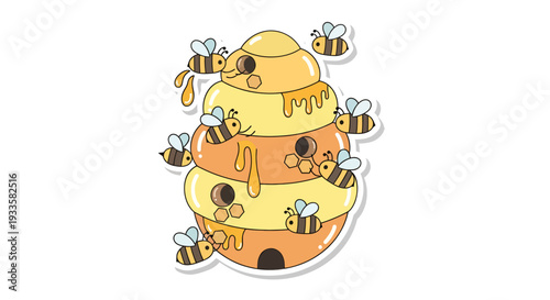 Cartoon beehive sticker with flying bees vector illustration; bright yellow orange colors; honey dripping; sweet natural apiary product; kids design element
