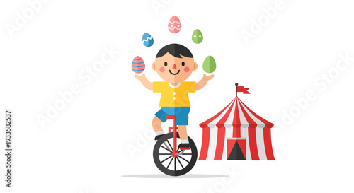 Cartoon boy juggling Easter eggs on a unicycle near a circus tent in a colorful vector illustration for fun holiday designs