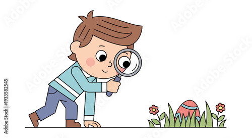 Cartoon boy using magnifying glass finds Easter egg in the grass with flowers vector illustration for spring holiday design and educational kids content