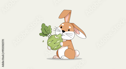 Cartoon brown rabbit eating fresh green kohlrabi illustration on light background perfect for farm nutrition or cute animal designs