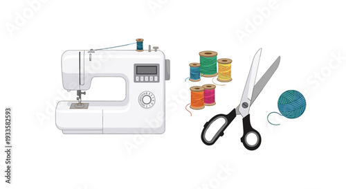 A white sewing machine, colorful spools of thread, black scissors, and a blue yarn ball are neatly arranged on a simple white background.
