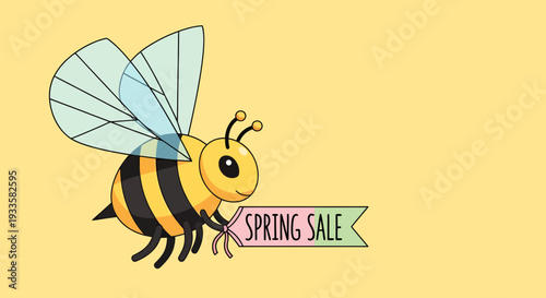 Cartoon bumble bee holding banner with Spring Sale text in illustration style against yellow background for seasonal advertising designs