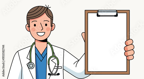Cartoon doctor holding clipboard with blank paper for medical notes diagnosis or prescription in a friendly pose vector illustration
