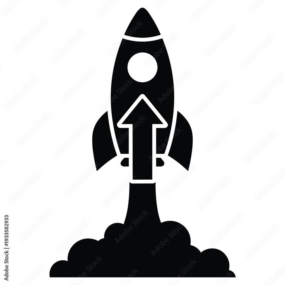 Fototapeta premium Rocket launch icon with smoke cloud for startup growth success and biz progress vector art