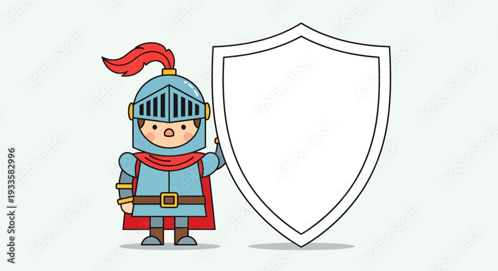 Obraz premium Cartoon knight holding blank shield illustration medieval armor red plume flat design for sticker infographic element