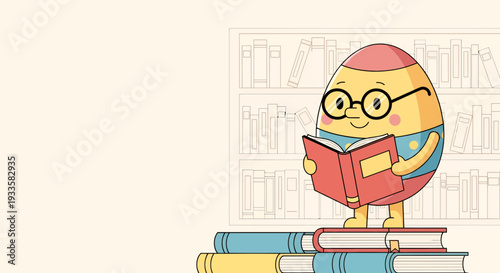 Cartoon egg reading book on a stack of books in a library illustration in pastel colors for educational or children's content