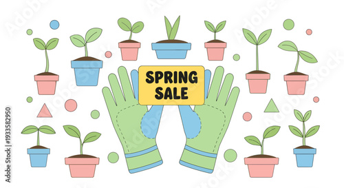 Cartoon gardening gloves holding a spring sale sign surrounded by potted seedlings in pastel colors cute vector illustration for seasonal promotions