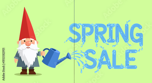 Cartoon garden gnome waters spring sale text with blue watering can drops and splashes on light green background for cheerful seasonal promotion