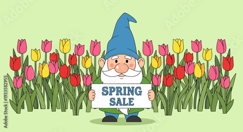 Cartoon gnome holding Spring Sale sign standing among colorful tulips in a garden illustration for seasonal advertising and promotions