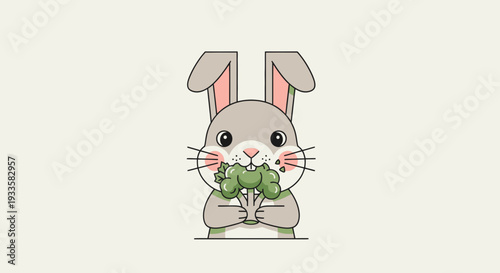 Cartoon gray bunny eating green broccoli illustration in vector art; cute rabbit animal character with healthy food design for kids