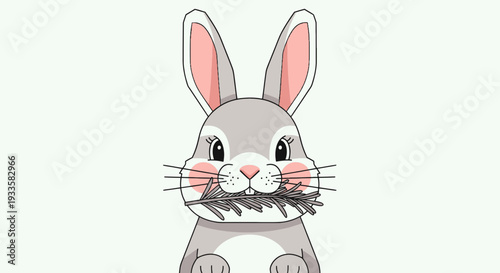 Cartoon gray rabbit holding a sprig of rosemary in its mouth vector illustration cute animal with pink cheeks and big ears on white background