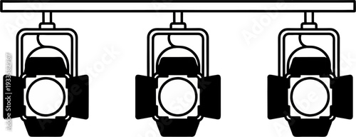Three Stage Spotlights Hanging on Rail Bar - Black and White Vector Silhouette Illustration of Theater Fresnel PAR Can Lights for Concert, Event, and Entertainment Lighting Design