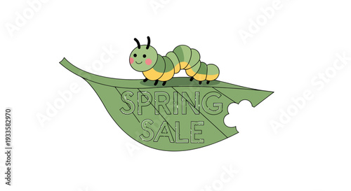 Cartoon green caterpillar eating a leaf with Spring Sale text in a vector illustration against a white backdrop for commercial use
