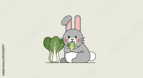 Cartoon illustration of a cute gray bunny eating bok choy sitting next to fresh leafy greens perfect for healthy food and animal themes