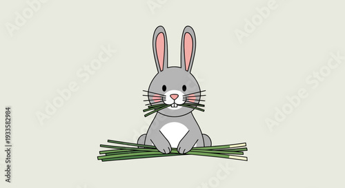 Cartoon illustration of a cute gray rabbit eating grass featuring a clean line art style front view and designed for children's content and educational purposes