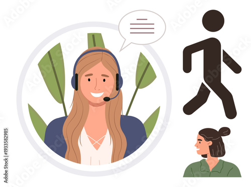 Customer service, virtual assistance, communication, technology, user interaction, teamwork. Smiling woman with headset, chat bubble human silhouettes. Customer service and communication concept