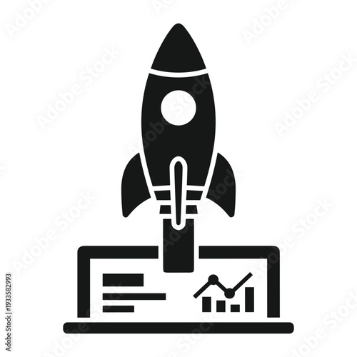 Rocket above laptop dash icon for web report data stats and biz startup growth success vector