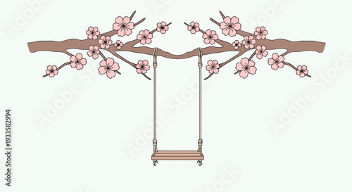 Cartoon illustration of a wooden swing hanging from a blossoming cherry tree branch whimsical springtime scene pastel colors isolated on white background