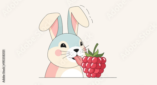 Cartoon rabbit licking raspberry with tongue out vector illustration pastel colors cute character for kids products and food packaging