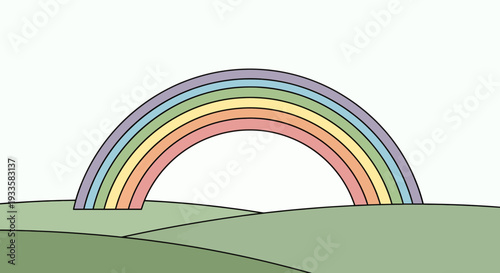 Cartoon rainbow arches over rolling green hills illustration in pastel colors evokes peacefulness childlike whimsy perfect for cheerful designs