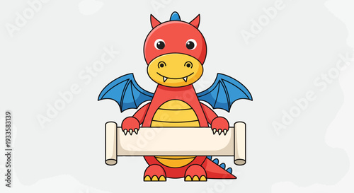 Cartoon red dragon holding a blank scroll cute mythical creature with wings children's illustration for storybooks and fantasy themed designs