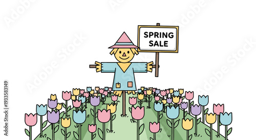 Cartoon scarecrow with a Spring Sale sign standing in a colorful tulip garden illustration against a white background perfect for seasonal promotions