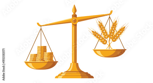 A golden balance scale displays gold coins on one pan, perfectly balanced by golden wheat stalks on the other, on a clean white background.