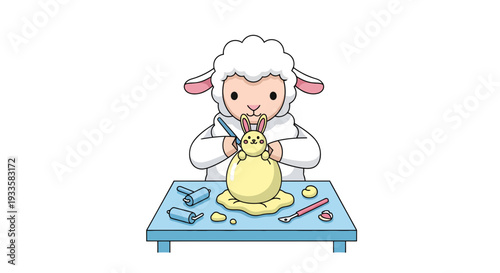 Cartoon sheep sculpting a bunny from modeling clay on a blue table whimsical art for kids craft projects and creative design elements